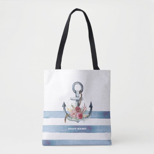 Scheepsnaam, Anker Bloemen Strepen Tote Bag (Voorkant)