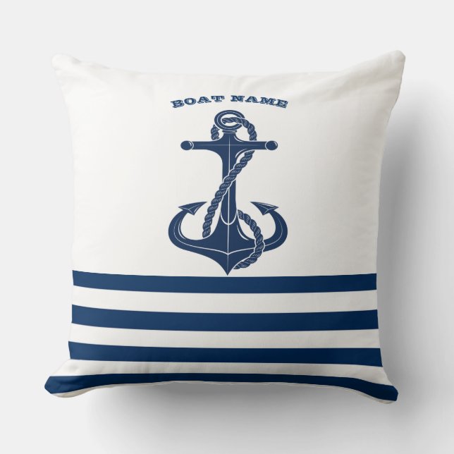 Scheepsnaam Anker Marine Blauw Witte Strepen Kussen (Voorkant)