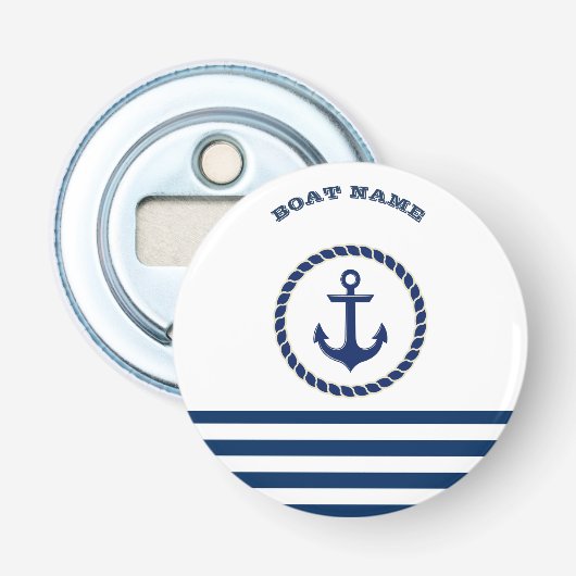 Scheepsnaam,Anker Marineblauw Gestreepd Button Flesopener (Voorkant)