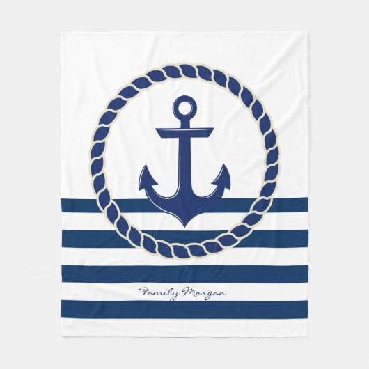 Scheepsnaam,Anker Marineblauw Gestreepd Fleece Deken (Voorkant)