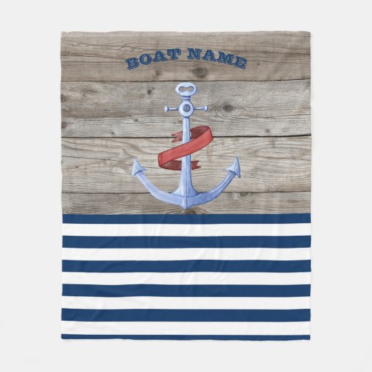 Scheepsnaam,Anker Marineblauw Gestreepd Hout Fleece Deken (Voorkant)