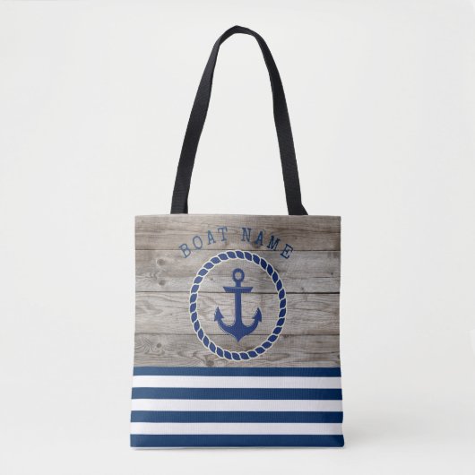 Scheepsnaam,Anker Marineblauw Gestreepd Hout Tote Bag (Voorkant)