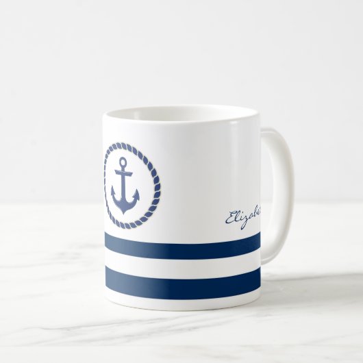 Scheepsnaam,Anker Marineblauw Gestreept Koffiemok (Voorkant rechts)