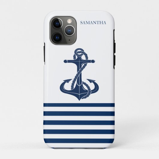 Scheepsnaam,Anker Marineblauw Wit Gestreept Case-Mate iPhone Case (Achterkant)