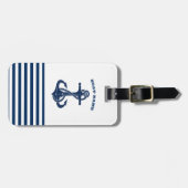 Scheepsnaam,Anker Navy Blauwe Witte Strepen Bagagelabel (Voorkant horizontaal)
