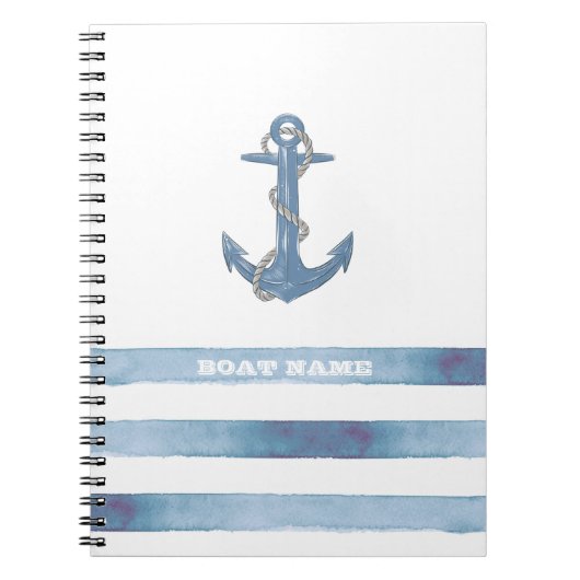 Scheepsnaam,Anker,Touw,Lichtblauwe Strepen Notitieboek (Voorkant)