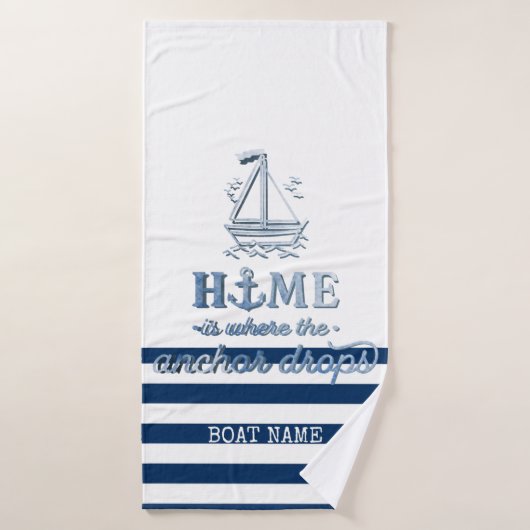 Scheepsnaam,Anker Zee Marine Blauw Gestreept Bad Handdoek (Badhanddoek)