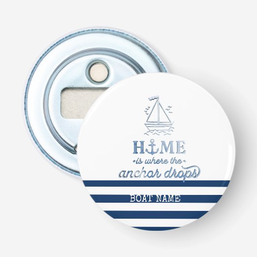 Scheepsnaam,Anker Zee Marine Blauw Gestreept Button Flesopener (Voorkant)