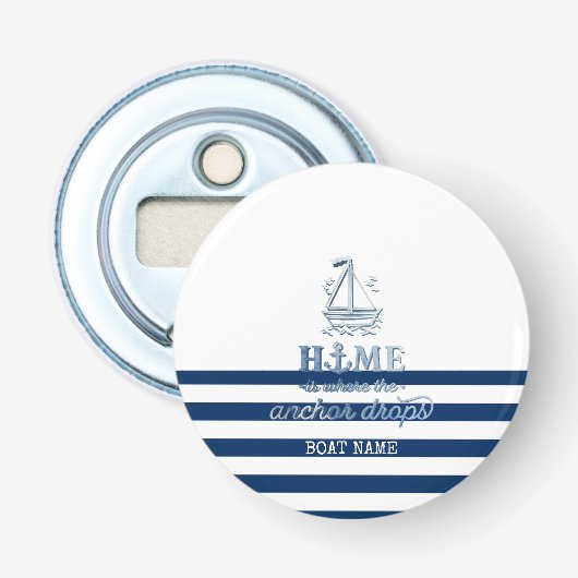 Scheepsnaam,Anker Zee Marine Blauw Gestreept Button Flesopener (Voorkant)