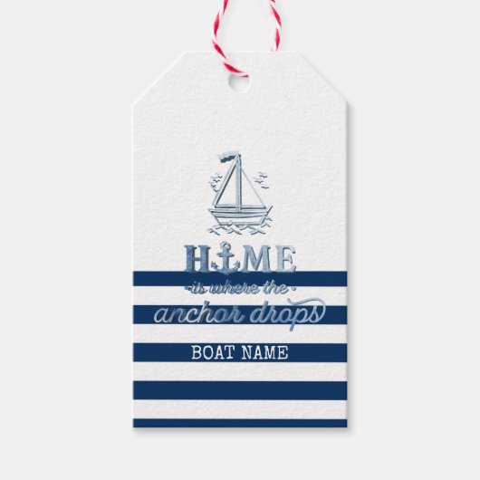 Scheepsnaam,Anker Zee Marine Blauw Gestreept Cadeaulabel (Voorkant)