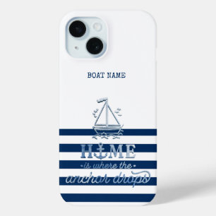 Scheepsnaam,Anker Zee Marine Blauw Gestreept iPhone 15 Case