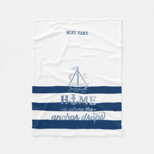 Scheepsnaam,Anker Zee Marine Blauw Gestreept Fleece Deken