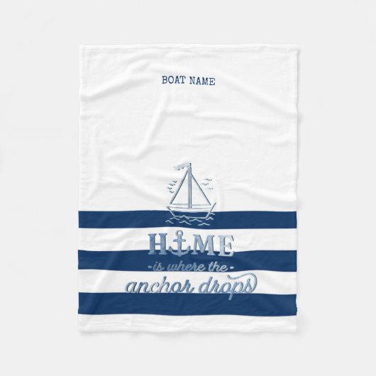 Scheepsnaam,Anker Zee Marine Blauw Gestreept Fleece Deken (Voorkant)
