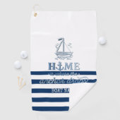 Scheepsnaam,Anker Zee Marine Blauw Gestreept Golfhanddoek (Insitu)