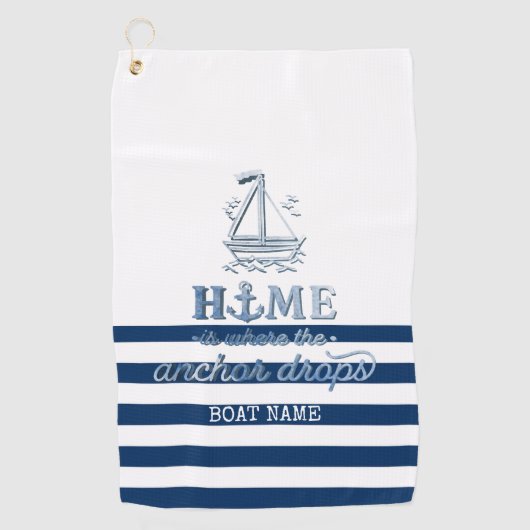 Scheepsnaam,Anker Zee Marine Blauw Gestreept Golfhanddoek (Voorkant)
