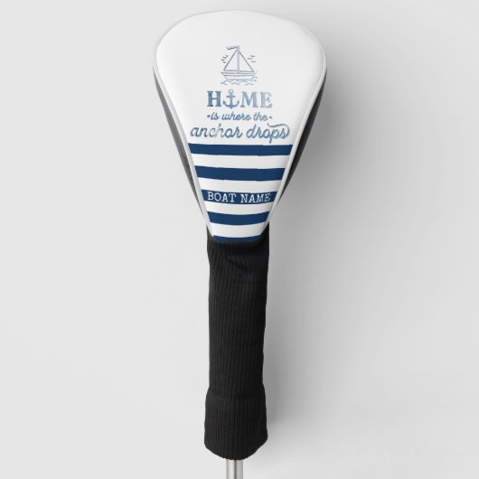 Scheepsnaam,Anker Zee Marine Blauw Gestreept Golfheadcover (Voorkant)
