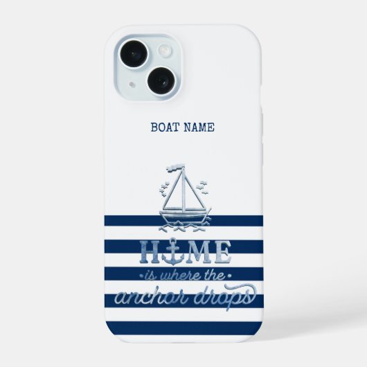 Scheepsnaam,Anker Zee Marine Blauw Gestreept iPhone 15 Case (Achterkant)