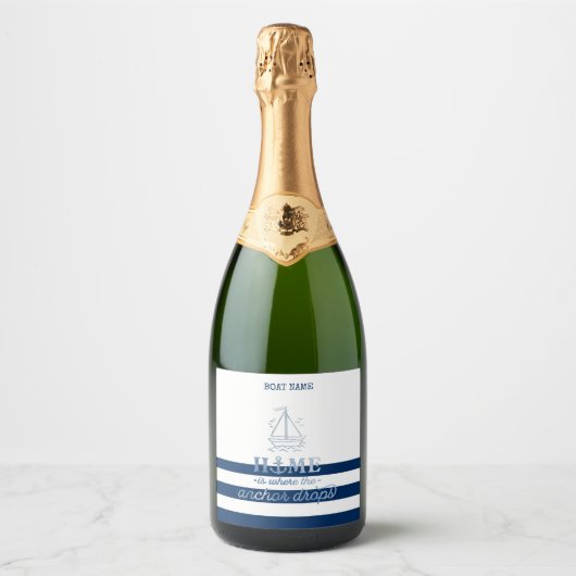 Scheepsnaam,Anker Zee Marine Blauw Gestreept Sparkling Wijnetiket (Voorkant)