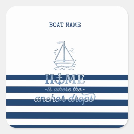 Scheepsnaam,Anker Zee Marine Blauw Gestreept Vierkante Sticker (Voorkant)