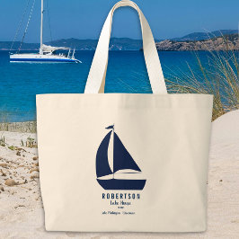 Scheepsnaam Blauw Zeilboot Familienaam Grote Tote Bag