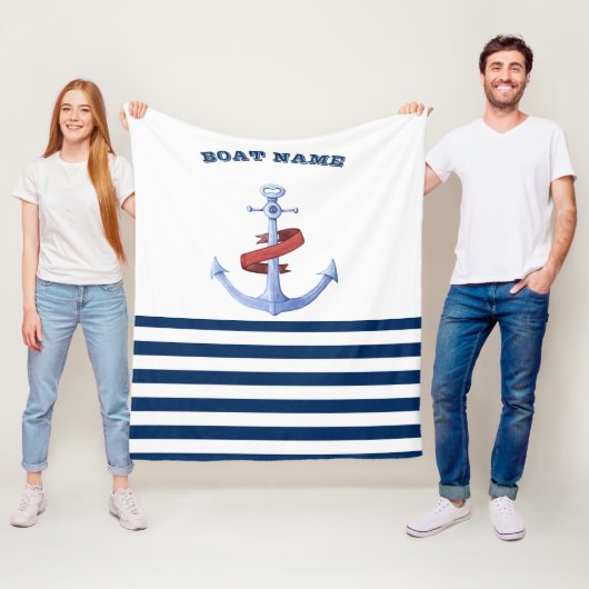 Scheepsnaam, Blauwe Anker Marineblauw Gestreept Fleece Deken (In situ)