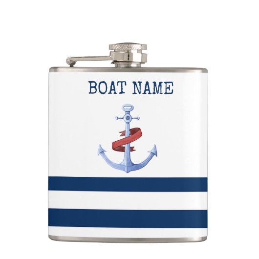 Scheepsnaam, Blauwe Anker Marineblauw Gestreept Heupfles (Voorkant)