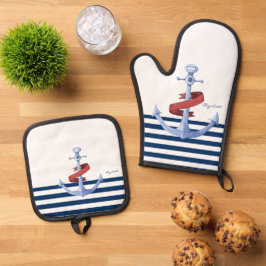 Scheepsnaam, Blauwe Anker Marineblauw Gestreept Ovenwant & Pannenlap Set