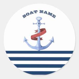 Scheepsnaam, Blauwe Anker Marineblauw Gestreept Ronde Sticker