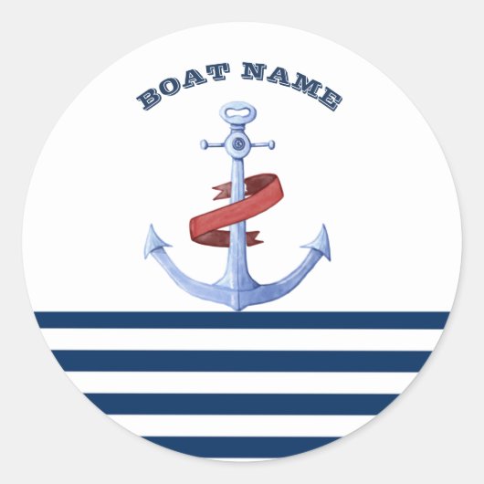Scheepsnaam, Blauwe Anker Marineblauw Gestreept Ronde Sticker (Voorkant)