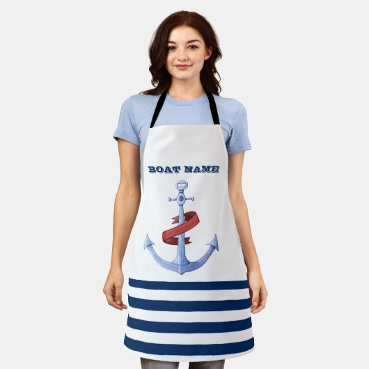 Scheepsnaam, Blauwe Anker Marineblauw Gestreept Schort (Gedragen)