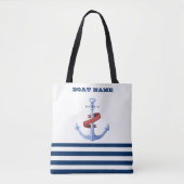 Scheepsnaam, Blauwe Anker Marineblauw Gestreept Tote Bag (Voorkant)