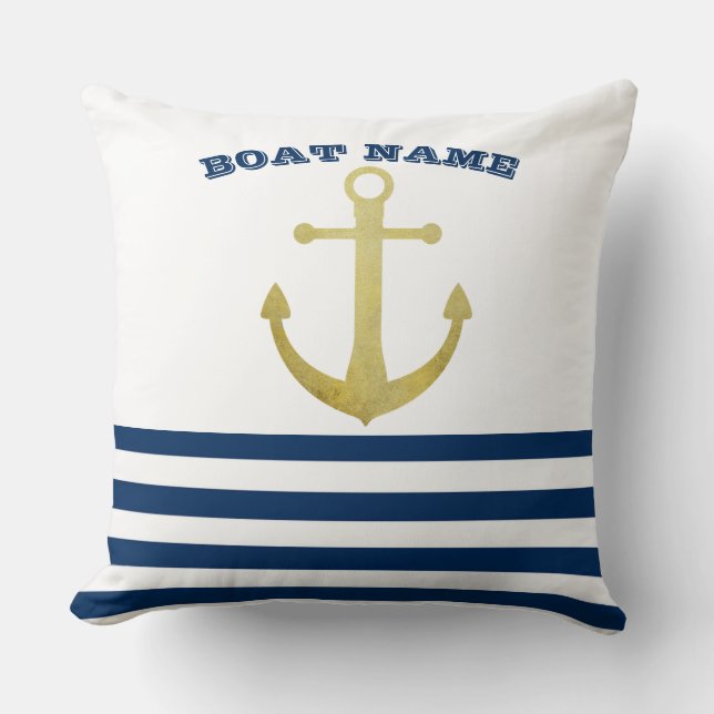 Scheepsnaam, Goud Anker Marineblauw Strepen Kussen (Voorkant)