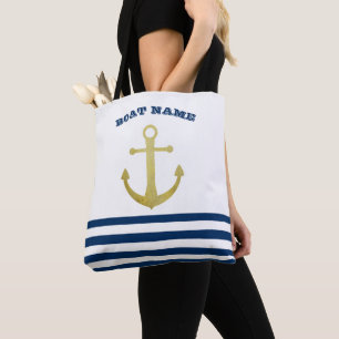 Scheepsnaam, Goud Anker Marineblauwe Strepen Tote Bag