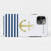 Scheepsnaam, Gouden Anker Marineblauw Gestreept Case-Mate iPhone Case (Achterkant (horizontaal))