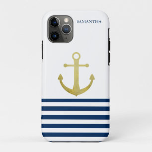 Scheepsnaam, Gouden Anker Marineblauw Gestreept Case-Mate iPhone Case