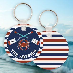 Scheepsnaam met krab en gestreepte rand roeispanen sleutelhanger