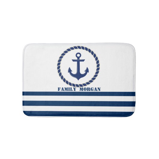 Scheepsnaam Nautical,Anker Marineblauw Gestreepte Badmat (Voorkant)