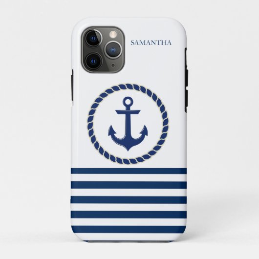 Scheepsnaam Nautical,Anker Marineblauw Gestreepte Case-Mate iPhone Case (Achterkant)