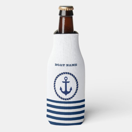 Scheepsnaam Nautical,Anker Marineblauw Gestreepte Flesjeskoeler (Fles Voorkant)