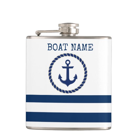 Scheepsnaam Nautical,Anker Marineblauw Gestreepte Heupfles (Voorkant)