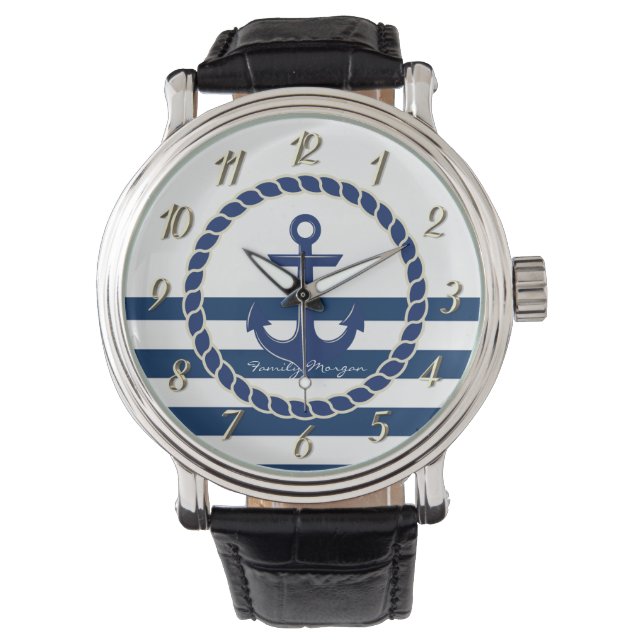 Scheepsnaam Nautical,Anker Marineblauw Gestreepte Horloge (Voorkant)