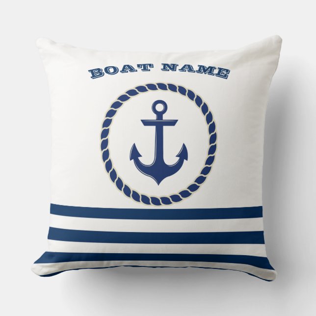 Scheepsnaam Nautical,Anker Marineblauw Gestreepte Kussen (Voorkant)