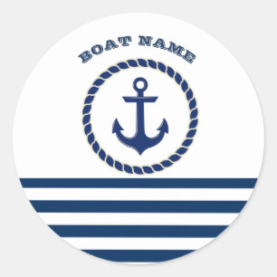 Scheepsnaam Nautical,Anker Marineblauw Gestreepte Ronde Sticker