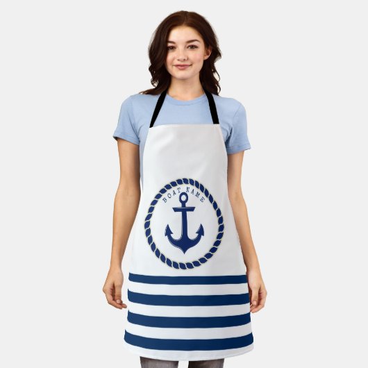 Scheepsnaam Nautical,Anker Marineblauw Gestreepte Schort (Gedragen)