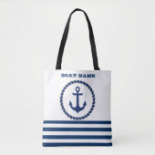 Scheepsnaam Nautical,Anker Marineblauw Gestreepte Tote Bag (Voorkant)