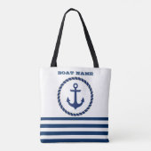 Scheepsnaam Nautical,Anker Marineblauw Gestreepte Tote Bag (Achterkant)