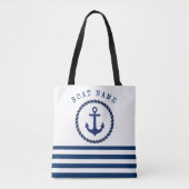 Scheepsnaam Nautical,Anker Marineblauw Gestreepte Tote Bag (Voorkant)