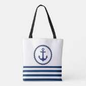 Scheepsnaam Nautical,Anker Marineblauw Gestreepte Tote Bag (Achterkant)