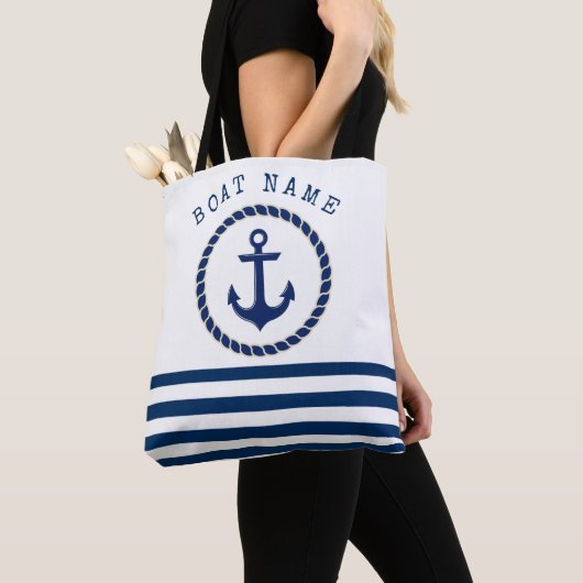 Scheepsnaam Nautical,Anker Marineblauw Gestreepte Tote Bag (Dichtbij)