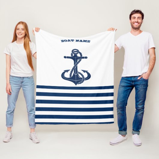 Scheepsnaam Nautilus,Anker Marineblauw Witte Stre Fleece Deken (In situ)